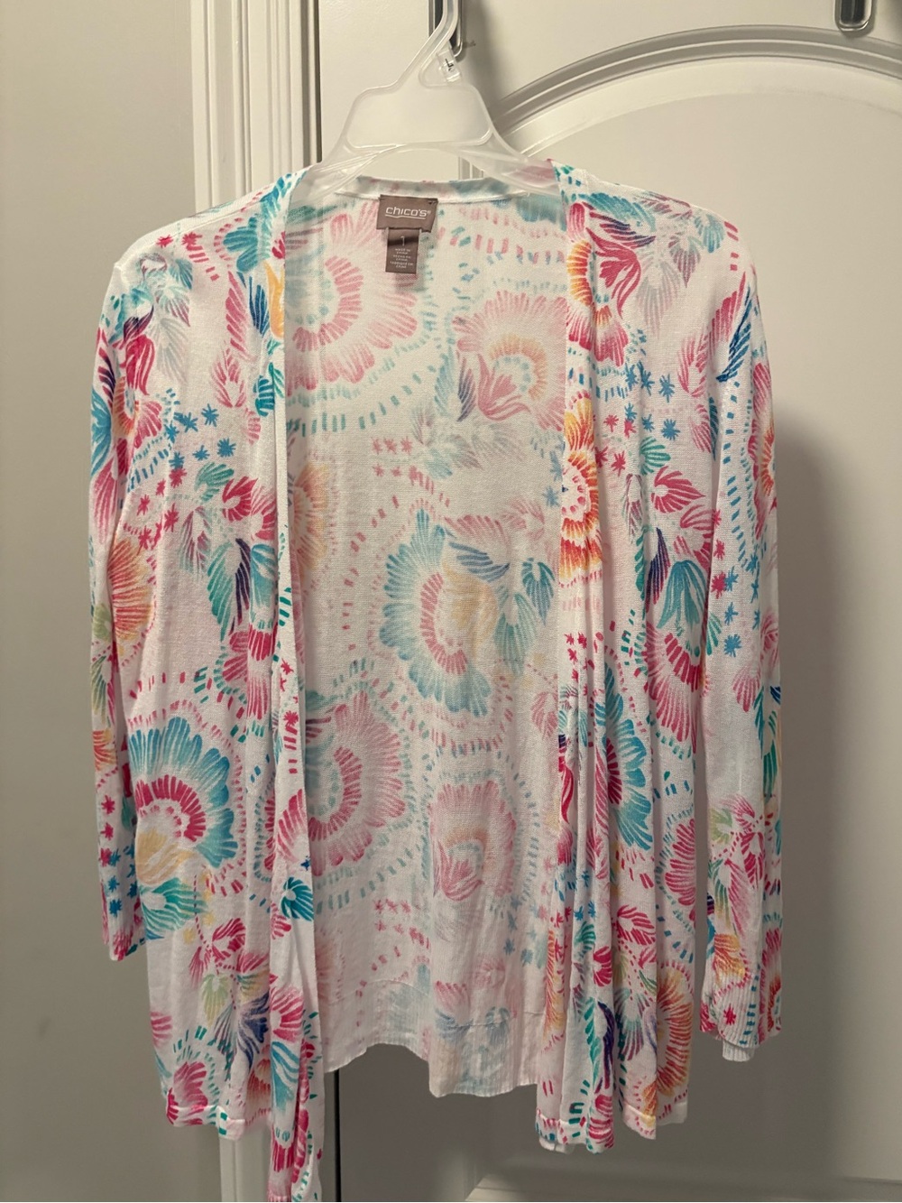 Chico's White Floral Watercolor Open Cardigan - Pink & Teal Accents